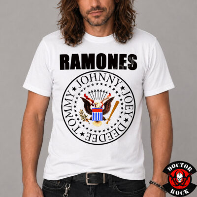 Camiseta blanca Ramones 100% algodón con logotipo negro y escudo clásico de la banda
