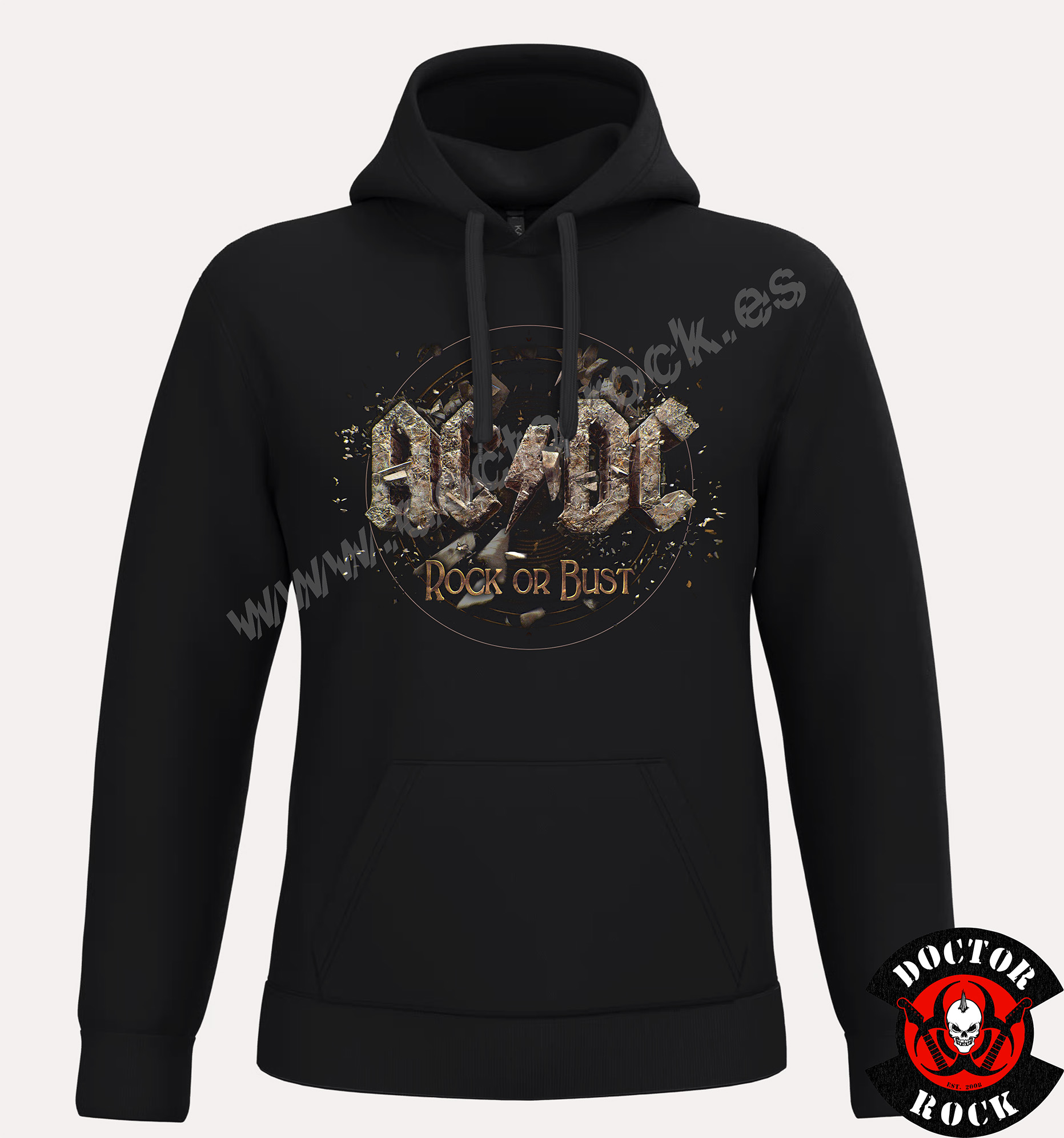 Sudadera negra AC/DC Rock or Bust con capucha y logotipo efecto piedra