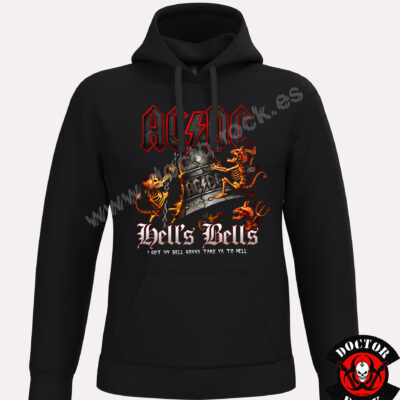 Sudadera negra AC/DC Hells Bells con capucha, campana metálica y criaturas infernales