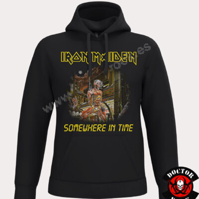 Sudadera negra Iron Maiden Somewhere in Time con capucha, bolsillo canguro y Eddie cyborg