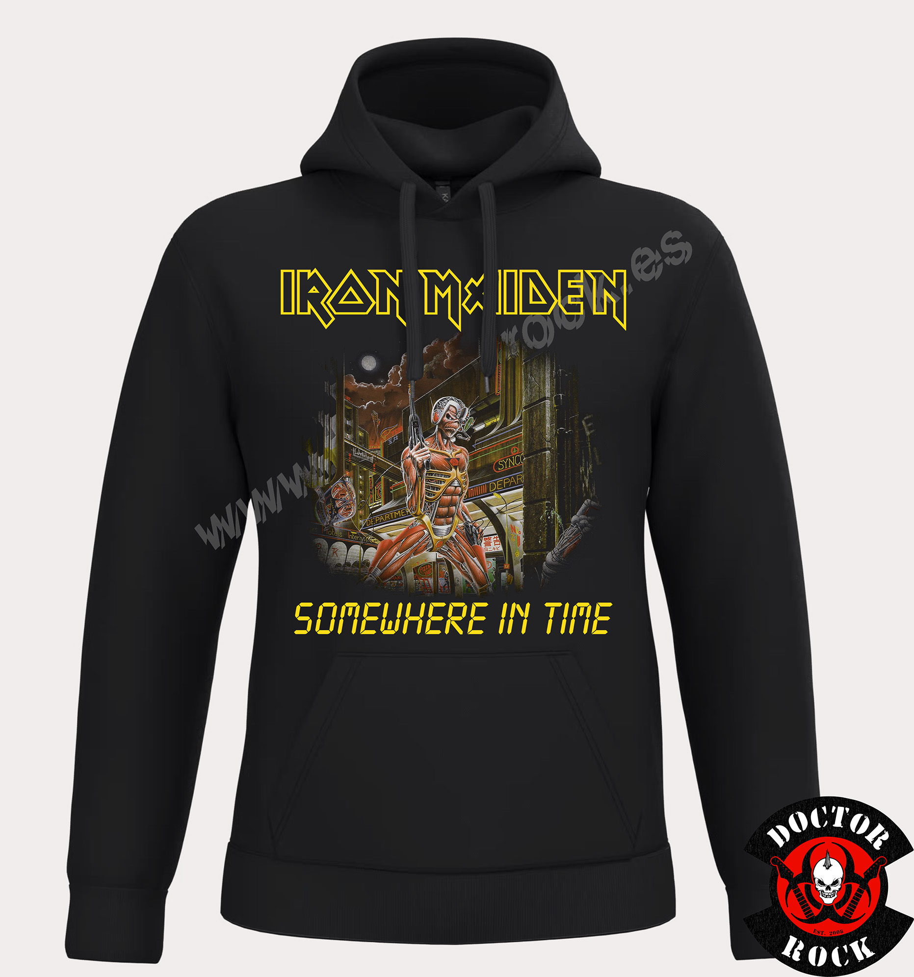 Sudadera negra Iron Maiden Somewhere in Time con capucha, bolsillo canguro y Eddie cyborg