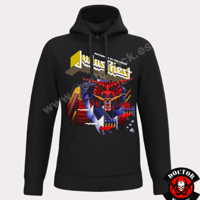 Sudadera negra Judas Priest Defenders of the Faith con capucha, bolsillo canguro y Metallian