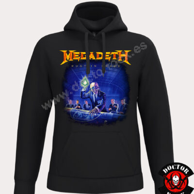 Sudadera negra Megadeth Rust in Peace con capucha, bolsillo canguro y Vic Rattlehead