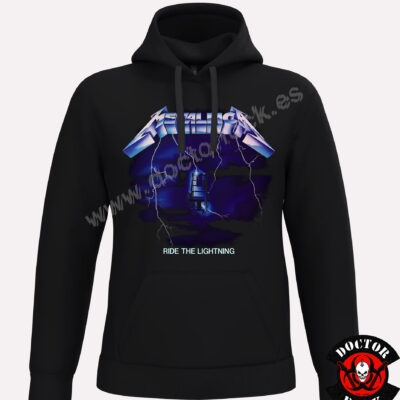 Sudadera negra Metallica Ride the Lightning con capucha, bolsillo canguro y silla eléctrica