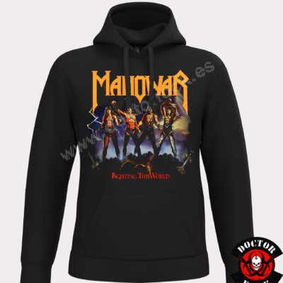Sudadera negra Manowar Fighting the World con capucha, bolsillo canguro y portada del álbum