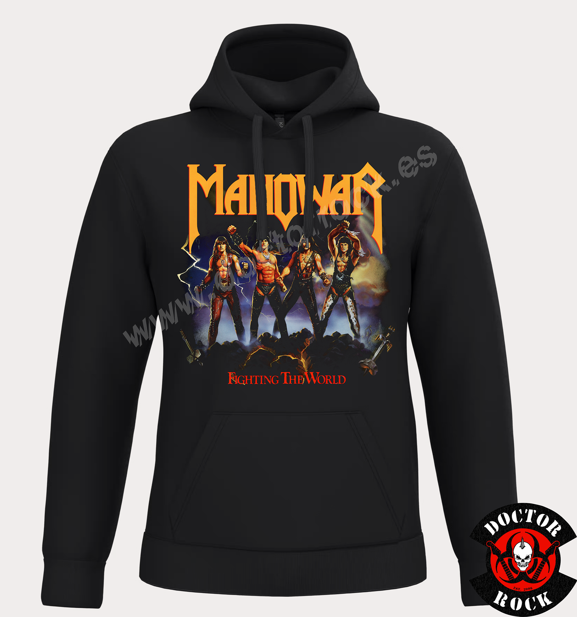 Sudadera negra Manowar Fighting the World con capucha, bolsillo canguro y portada del álbum