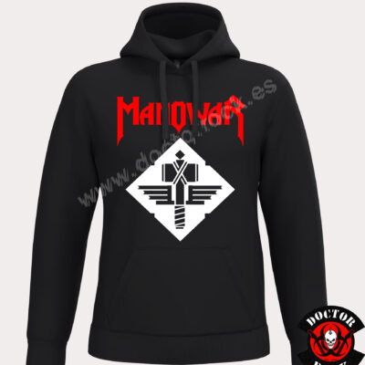 Sudadera negra Manowar Sign of the Hammer con capucha, logotipo rojo y símbolo del martillo
