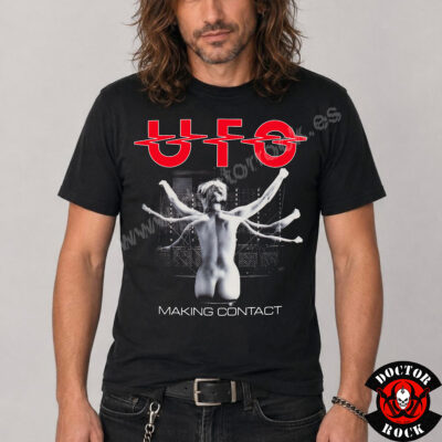 Camiseta negra UFO Making Contact con logotipo rojo y diseño futurista en blanco y negro