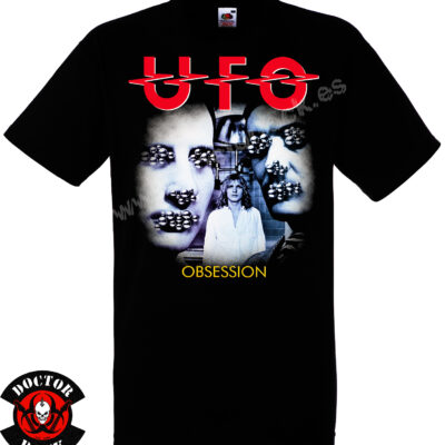 Camiseta negra UFO Obsession de 100% algodón con logotipo rojo y estampación frontal del álbum