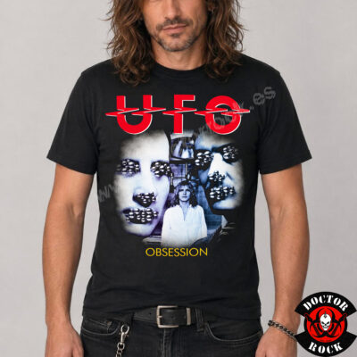 Camiseta negra UFO Obsession de 100% algodón con logotipo rojo y estampación frontal del álbum