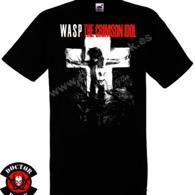 Camiseta negra W.A.S.P. The Crimson Idol con diseño frontal en blanco, negro y rojo
