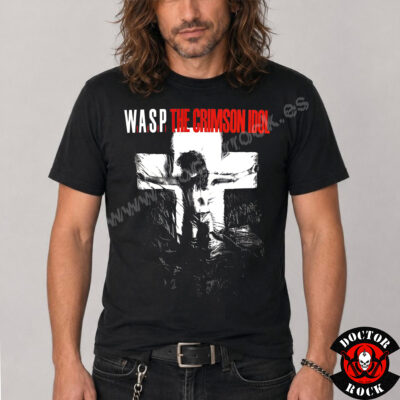 Camiseta negra W.A.S.P. The Crimson Idol con diseño frontal en blanco, negro y rojo