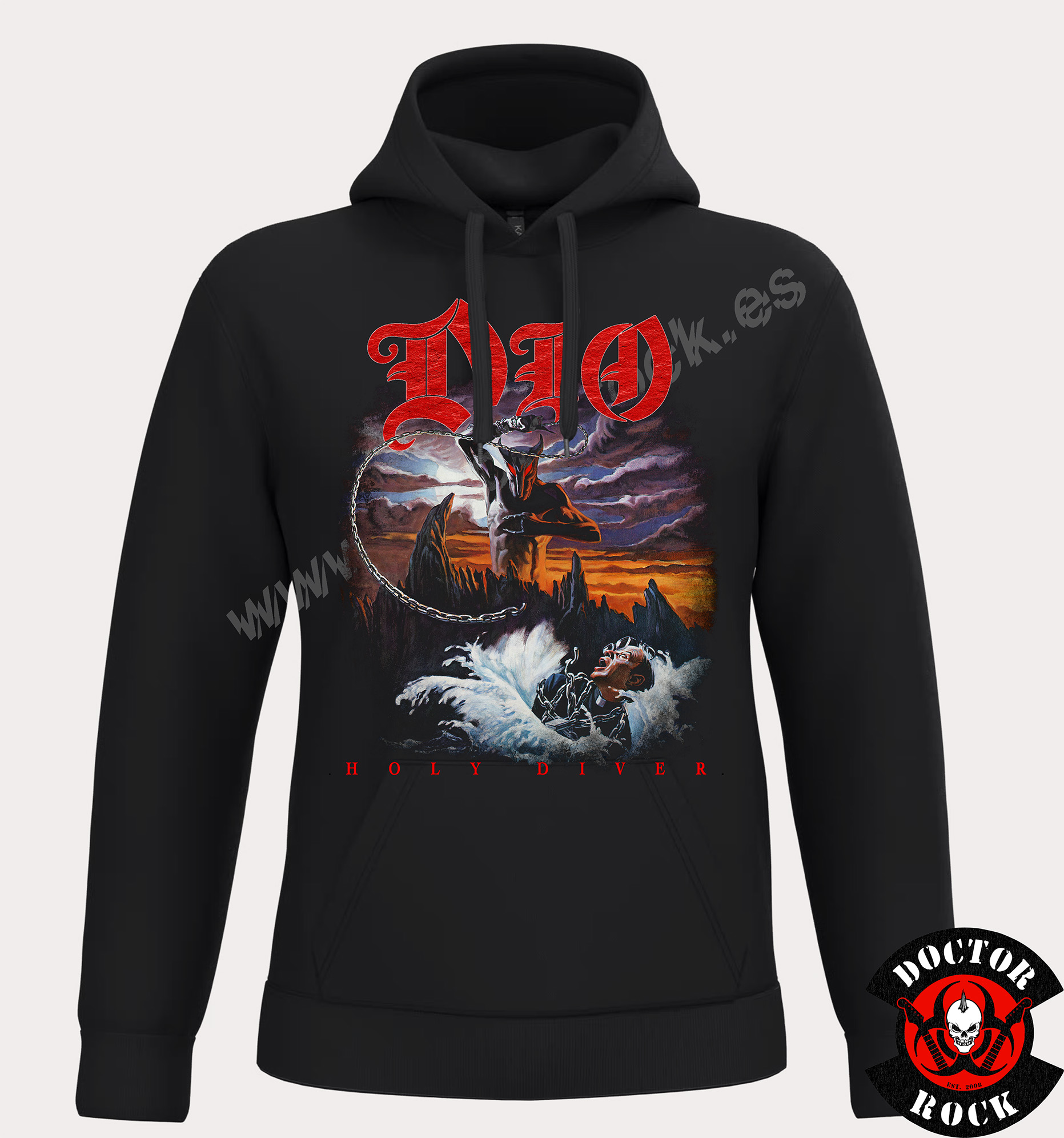 Sudadera negra DIO Holy Diver con capucha, bolsillo canguro y portada del álbum