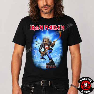 Camiseta negra Iron Maiden Canada 2026 con Eddie sobre patines y stick de hockey