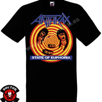 Camiseta negra Anthrax State of Euphoria con espiral roja y amarilla e impresión frontal vintage