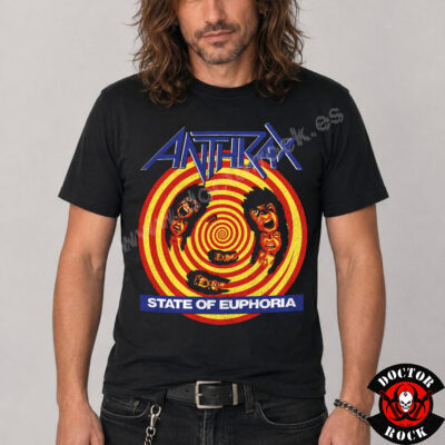 Camiseta negra Anthrax State of Euphoria con espiral roja y amarilla e impresión frontal vintage