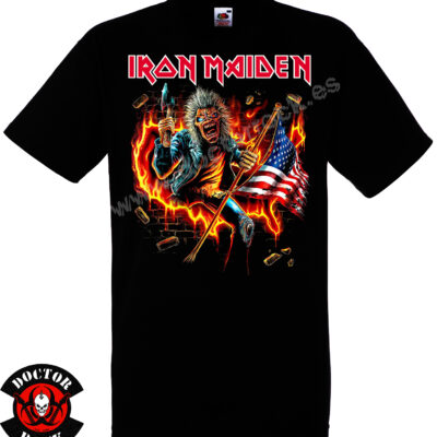Camiseta negra Iron Maiden USA 2026 de 100% algodón con Eddie y bandera de Estados Unidos
