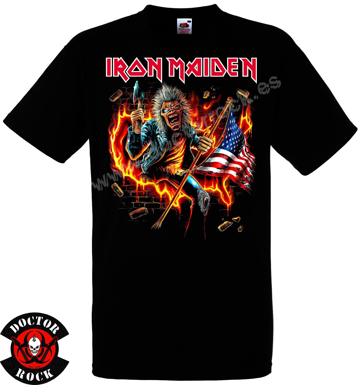 Camiseta negra Iron Maiden USA 2026 de 100% algodón con Eddie y bandera de Estados Unidos