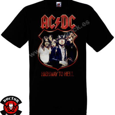 Camiseta negra AC/DC Highway to Hell Badge de 100% algodón con foto clásica de la banda