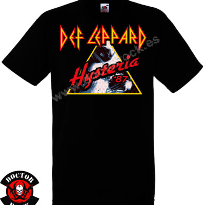 Camiseta negra Def Leppard Hysteria 87 de 100% algodón con diseño retro rojo y amarillo