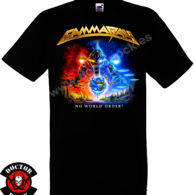 Camiseta negra Gamma Ray No World Order con diseño de fuego, hielo y logotipo dorado