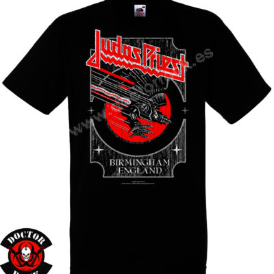Camiseta negra Judas Priest Birmingham England 100% algodón con diseño rojo y gris