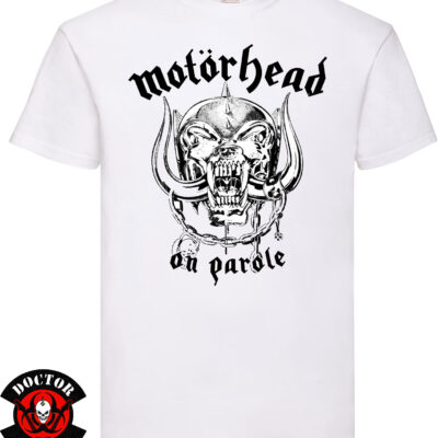 Camiseta blanca Motörhead On Parole de 100% algodón con diseño clásico en negro