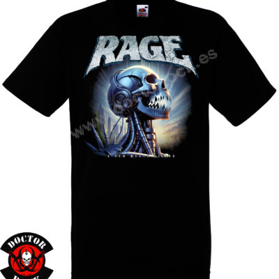 Camiseta negra Rage A New World Rising de 100% algodón con diseño futurista