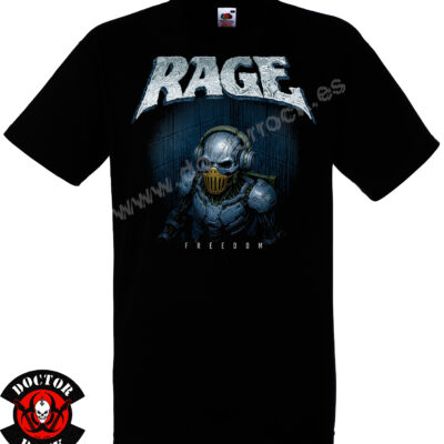Camiseta negra Rage Freedom de 100% algodón con diseño robótico y logotipo metálico