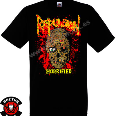 Camiseta negra Repulsion Horrified de 100% algodón con diseño inspirado en el álbum