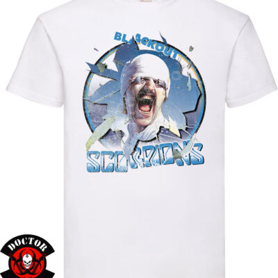 Camiseta blanca Scorpions Blackout de 100% algodón con diseño frontal del álbum