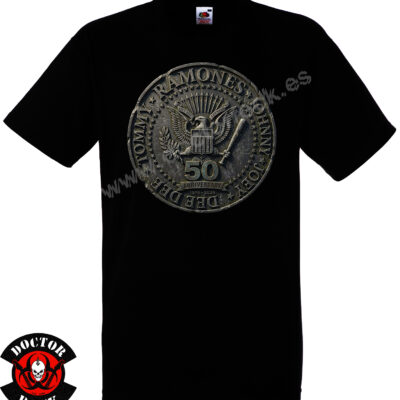 Camiseta negra Ramones 50 Aniversario 1976 2026 de 100% algodón con sello metálico
