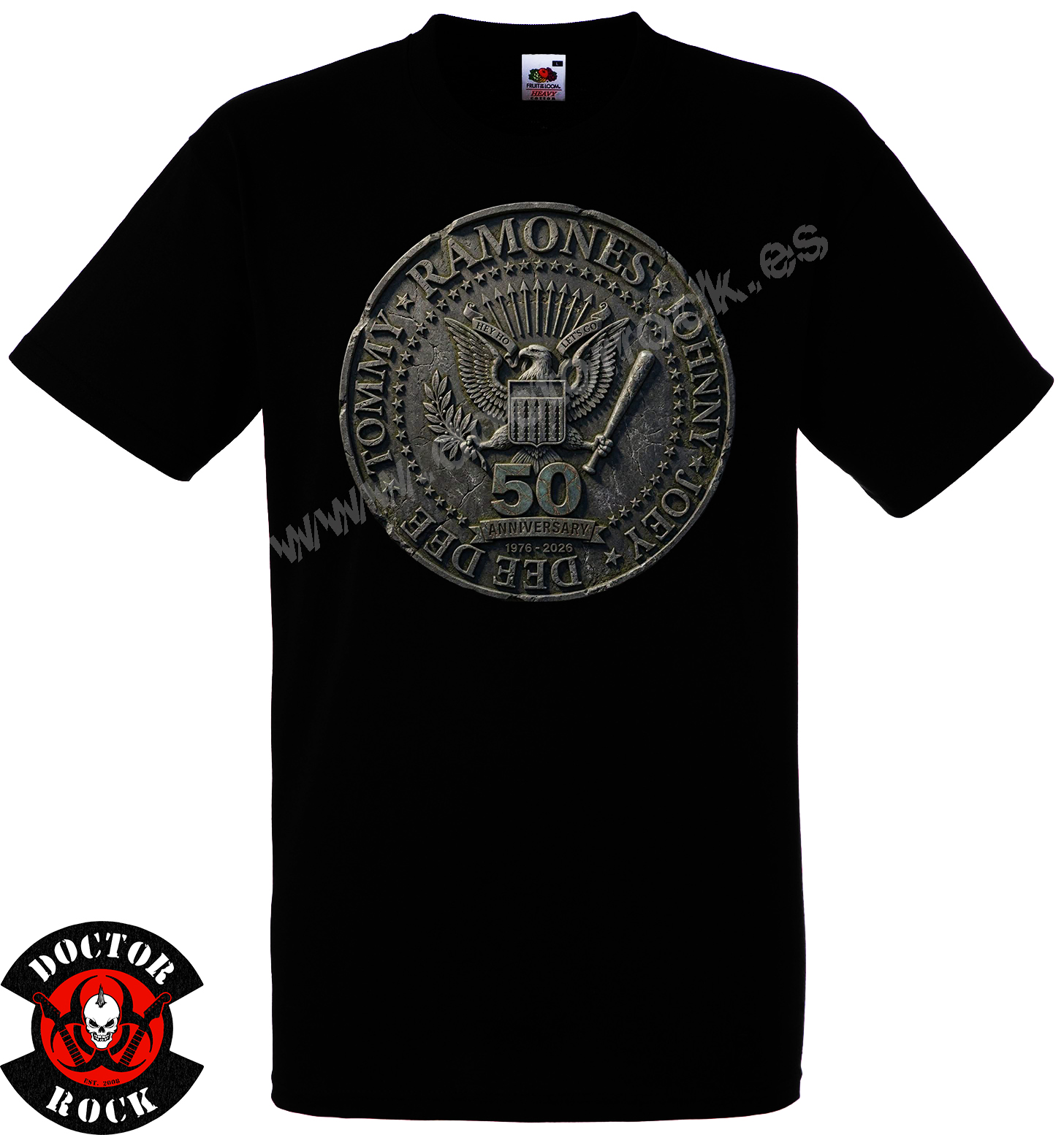 Camiseta negra Ramones 50 Aniversario 1976 2026 de 100% algodón con sello metálico