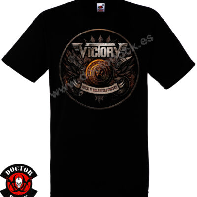 Camiseta negra Victory Rock N Roll Kids Forever de 100% algodón con diseño circular metálico