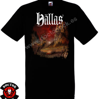 Camiseta negra Hällas con castillo sobre una montaña, caballero y paisaje fantástico bajo un cielo rojo