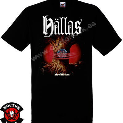 Camiseta negra Hällas Isle of Wisdom con árbol fantástico, esfera azul y dos astros rojos