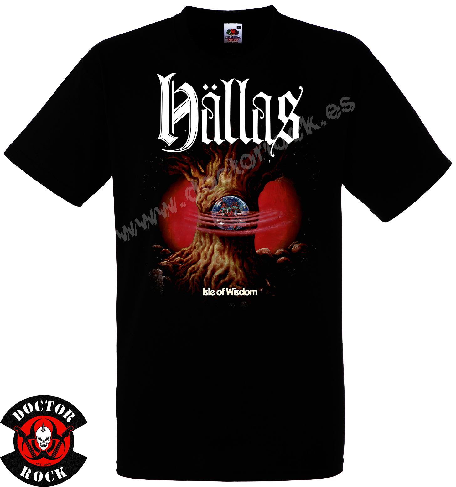 Camiseta negra Hällas Isle of Wisdom con árbol fantástico, esfera azul y dos astros rojos