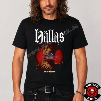 Camiseta negra Hällas Isle of Wisdom con árbol fantástico, esfera azul y dos astros rojos