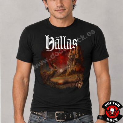 Camiseta negra Hällas con castillo sobre una montaña, caballero y paisaje fantástico bajo un cielo rojo
