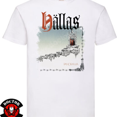 Camiseta blanca Hällas Panorama con escalera flotante, puerta gótica y estampación frontal