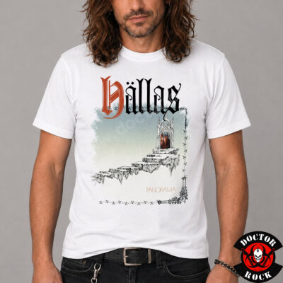 Camiseta blanca Hällas Panorama con escalera flotante, puerta gótica y estampación frontal