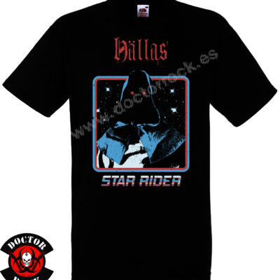 Camiseta negra Hällas Star Rider con viajero encapuchado y diseño espacial retro