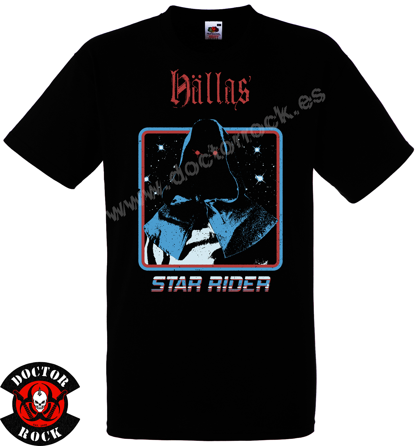 Camiseta negra Hällas Star Rider con viajero encapuchado y diseño espacial retro