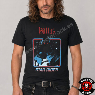 Camiseta negra Hällas Star Rider con viajero encapuchado y diseño espacial retro