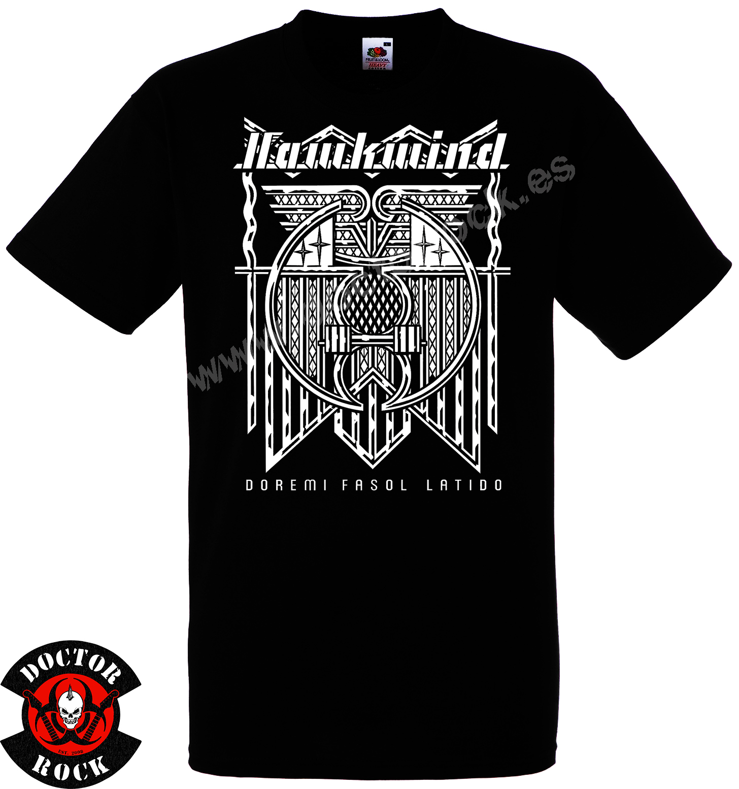 Camiseta negra Hawkwind Doremi Fasol Latido con diseño geométrico blanco e impresión frontal