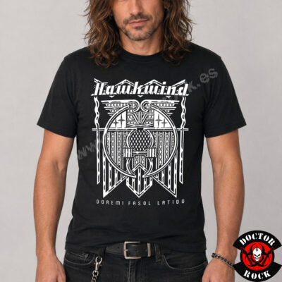 Camiseta negra Hawkwind Doremi Fasol Latido con diseño geométrico blanco e impresión frontal