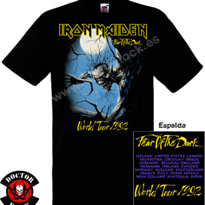 Camiseta negra Iron Maiden Fear of the Dark World Tour 1992 con estampado delantero de Eddie y países de la gira en la espalda