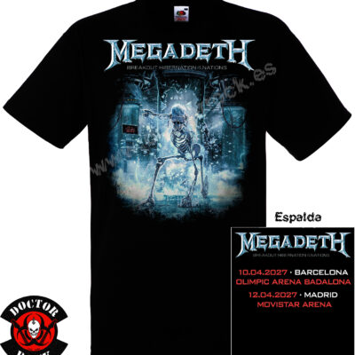 Camiseta negra Megadeth Breakout Tour 2027 con Vic Rattlehead delante y fechas de Barcelona Badalona y Madrid en la espalda