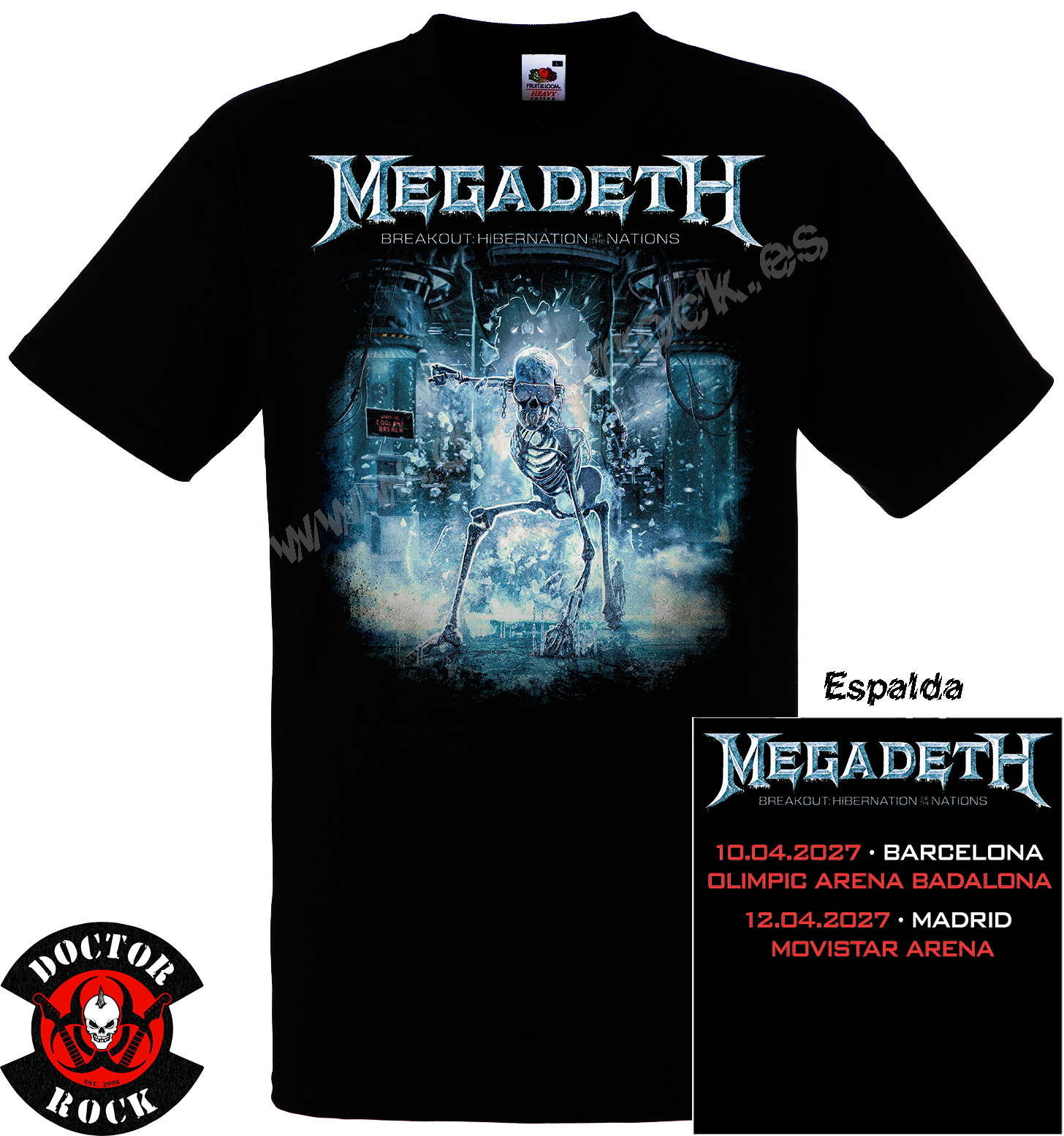 Camiseta negra Megadeth Breakout Tour 2027 con Vic Rattlehead delante y fechas de Barcelona Badalona y Madrid en la espalda