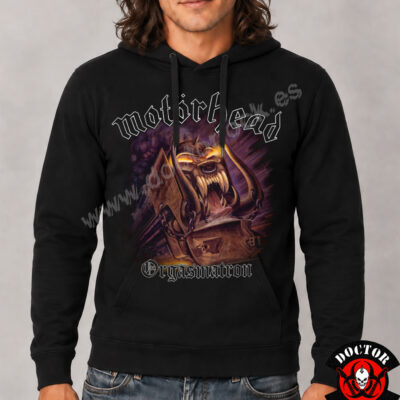 Modelo con sudadera Motörhead Orgasmatron negra y estampación frontal de alta calidad